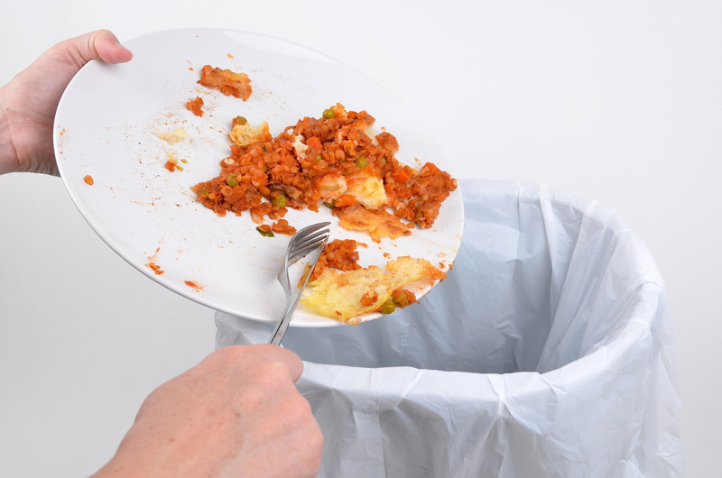 A person’s hand is holding a white ceramic plate with a portion of leftover vegetable casserole, showing a mixture of mashed potatoes, diced carrots, peas, and sauce. The plate is positioned above a white rubbish bag made of plastic, placed in an outdoor or domestic setting, possibly on a driveway or garden area. The arrangement indicates someone is discarding food waste, with the casserole appearing partially eaten and some crumbs scattered on the plate. The background is plain and light-colored, emphasizing the act of waste disposal and the domestic context for rubbish collection services in London, as offered by Sofa Collection. The image captures the moment of discarding kitchen leftovers into a rubbish bin, relevant to waste removal needs in urban residential environments within the London postcode area.