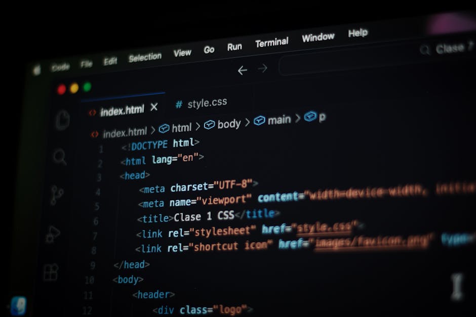 A computer screen displaying a code editor with HTML and CSS code visible, including elements such as <html>, <body>, <head>, and links to stylesheets. The interface shows a dark background with highl